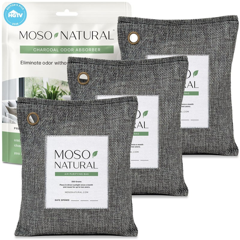 Moso Natural Air Purifying Bag 200g (3 Pack) HGTV Editor's Pick | Premium Bamboo Charcoal Odor Absorber for Home & Car | Closet Odor Eliminator & Car Air Freshener | Long Lasting Charcoal Bags - Image 1